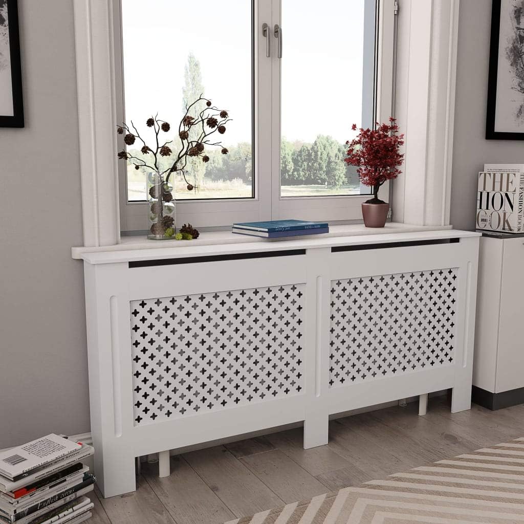 MDF Radiator Cover Heating Cabinet with Additional Shelf Living Room Furniture Decor White (67.7"x7.5"x32.1", Mesh Design)