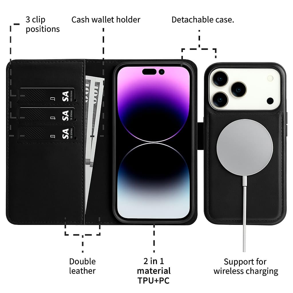 Business Style Detachable Wallet Flip Cover Removable Back Case for iPhone 17 Pro Max (Black)