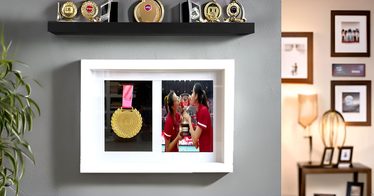 Soporte de exhibición de medallas, marco de caja, caja de sombra para medallas, baberos de carreras y exhibiciones de fotos, 1 estuche para medallas/marco de fotos para corredores de maratón