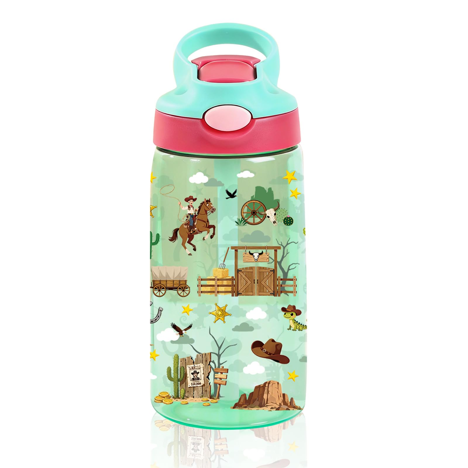 14oz Kids Water Bottle with Straw Lid - Cowboy Water Bottles for Kids, Leakproof, Lightweight, Durable Plastic Bottles for School Travel, Pop-Up Straw Cover, Gift Cup for Boys Girls(Cowboy)