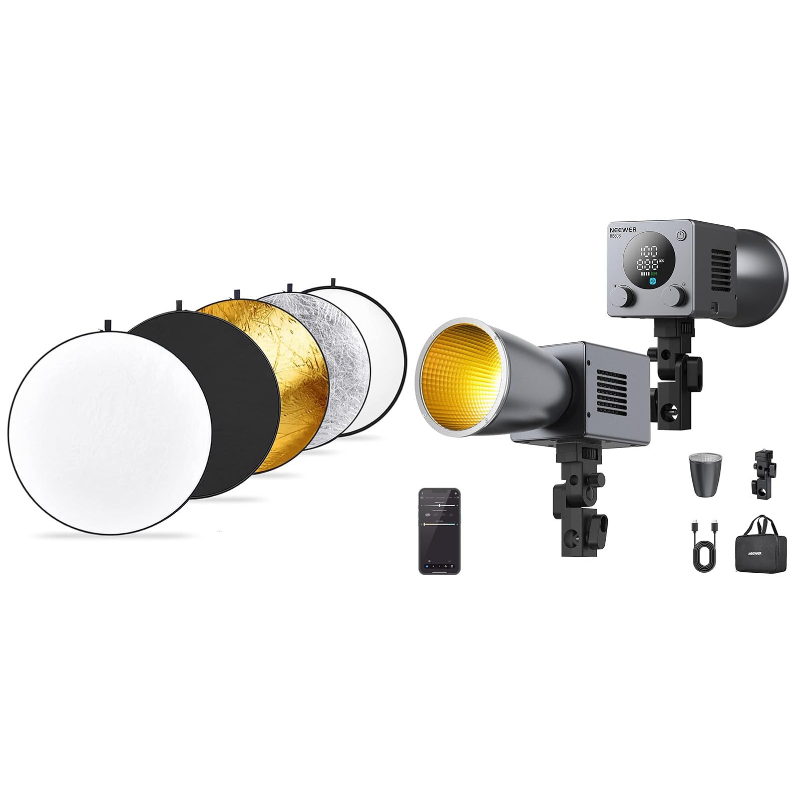 NEEWER 22"/60cm Light Reflector Diffuser + HB60B 60W Mini LED Video Light with APP/2.4G Control/NFC, Bi Color Dimmable 2700-6500K CRI97+ 12 Scenes Cooling Fan, 5 in 1 Collapsible Multi Disc with Bag