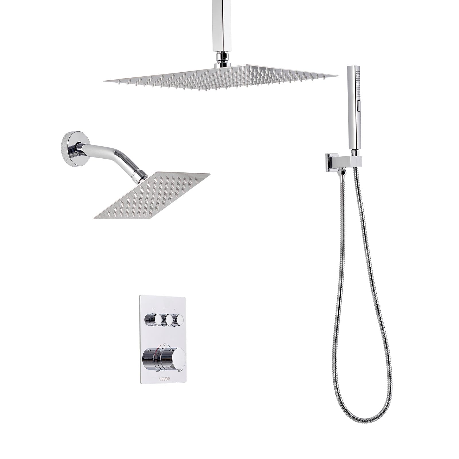 VEVOR Sistema de Grifería, con Ducha de Lluvia de 30 cm, Cabezal de Pared de 15 cm, Ducha de Mano 2 en 1, Cabezal de Lluvia Doble Giratorio 3 Funciones, Embellecedor de Latón, Termostato Cromado