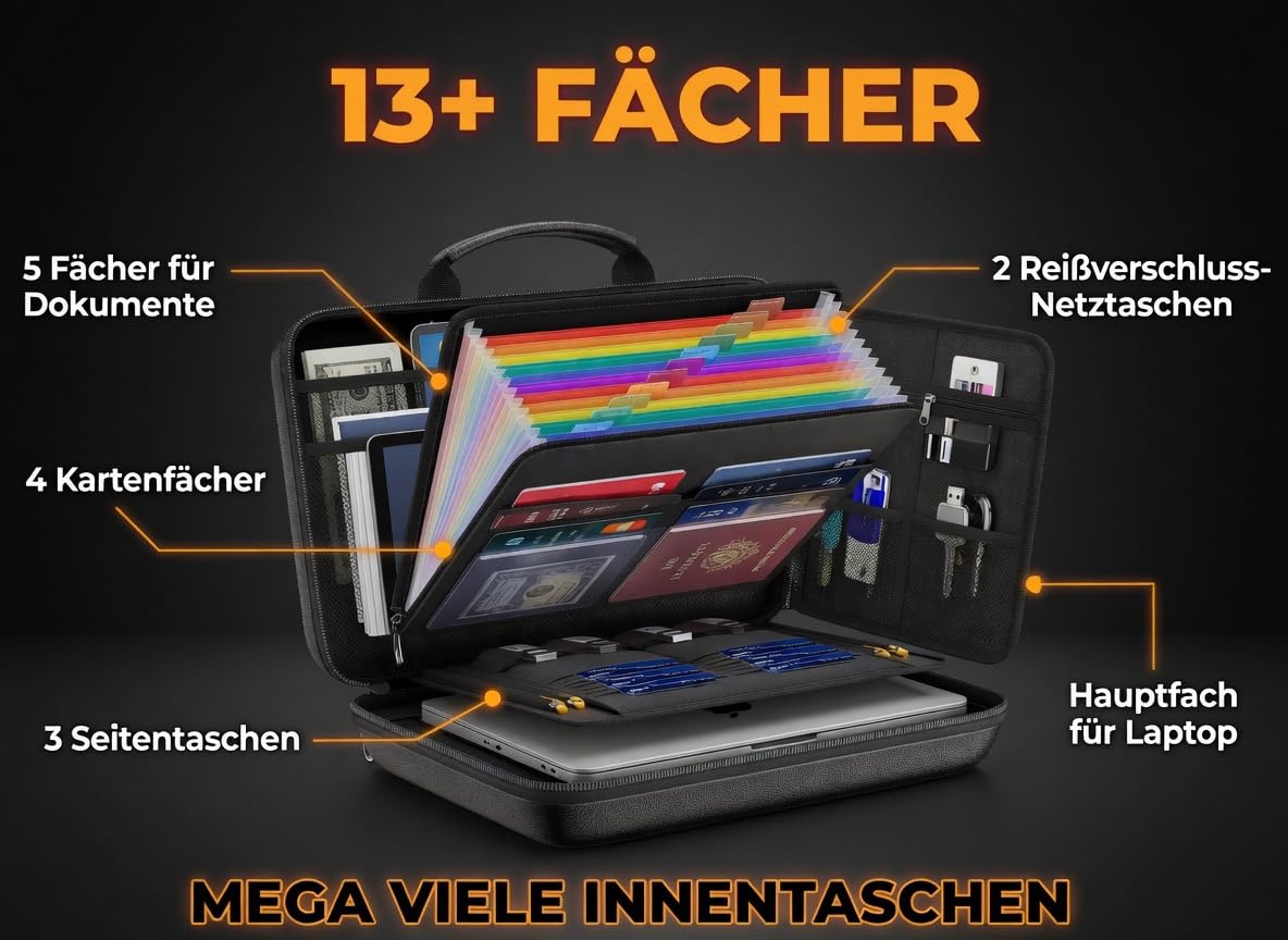 FireMat Feuerfeste Dokumentenmappe mit Hartschale – Aufbewahrungsbox mit Zahlenschloss, wasserfest, 13 Fächer, UL-94 zertifiziert, für A4 Dokumente, Pässe & Laptop (28,5 x 38,5 x 7,5 cm)