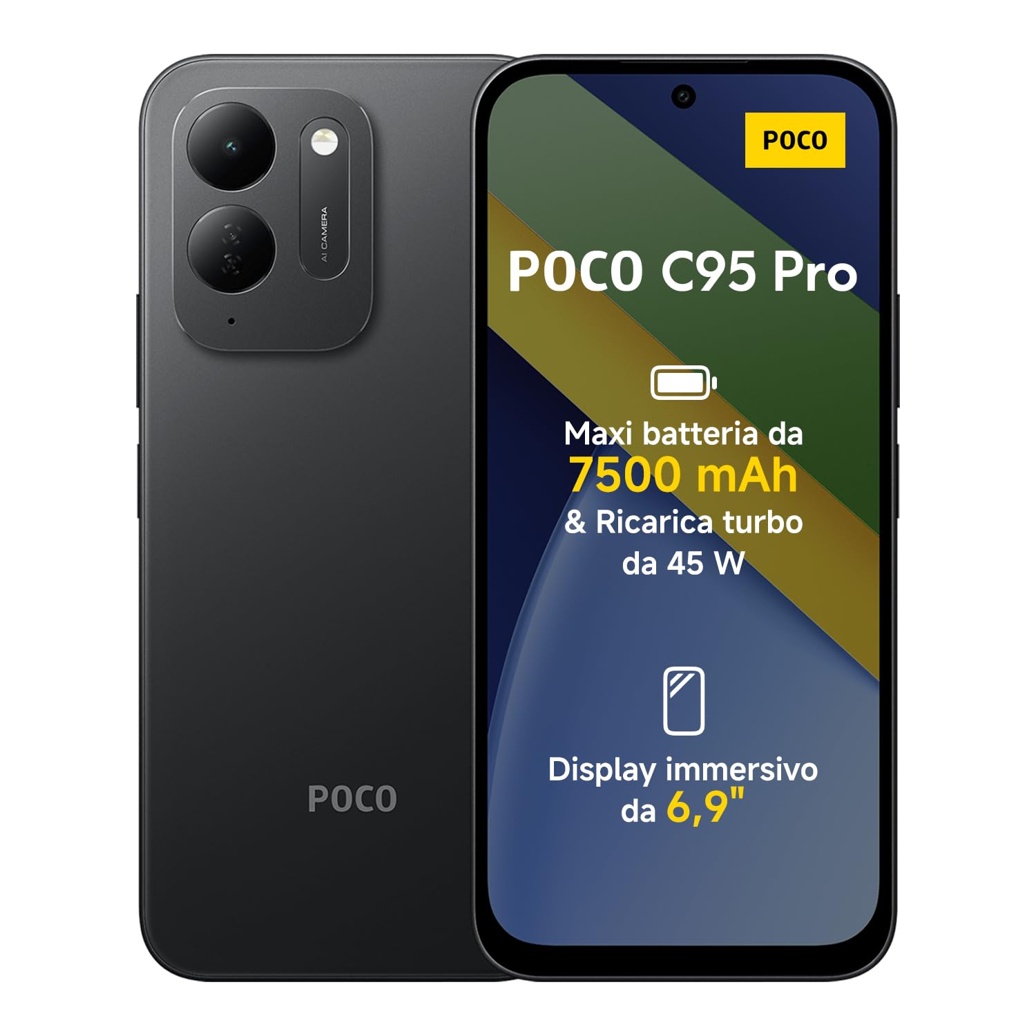 POCO C95 Pro, Smartphone 6+128GB, Nero, Batteria 7500mAh,Ricarica Turbo 45W | Display Immersivo da 6,9" 120Hz, Potente Helio G91-Ultra, Doppia Fotocamera AI da 50 MP, HyperOS 3, 1 Anno Extra di Garanzia