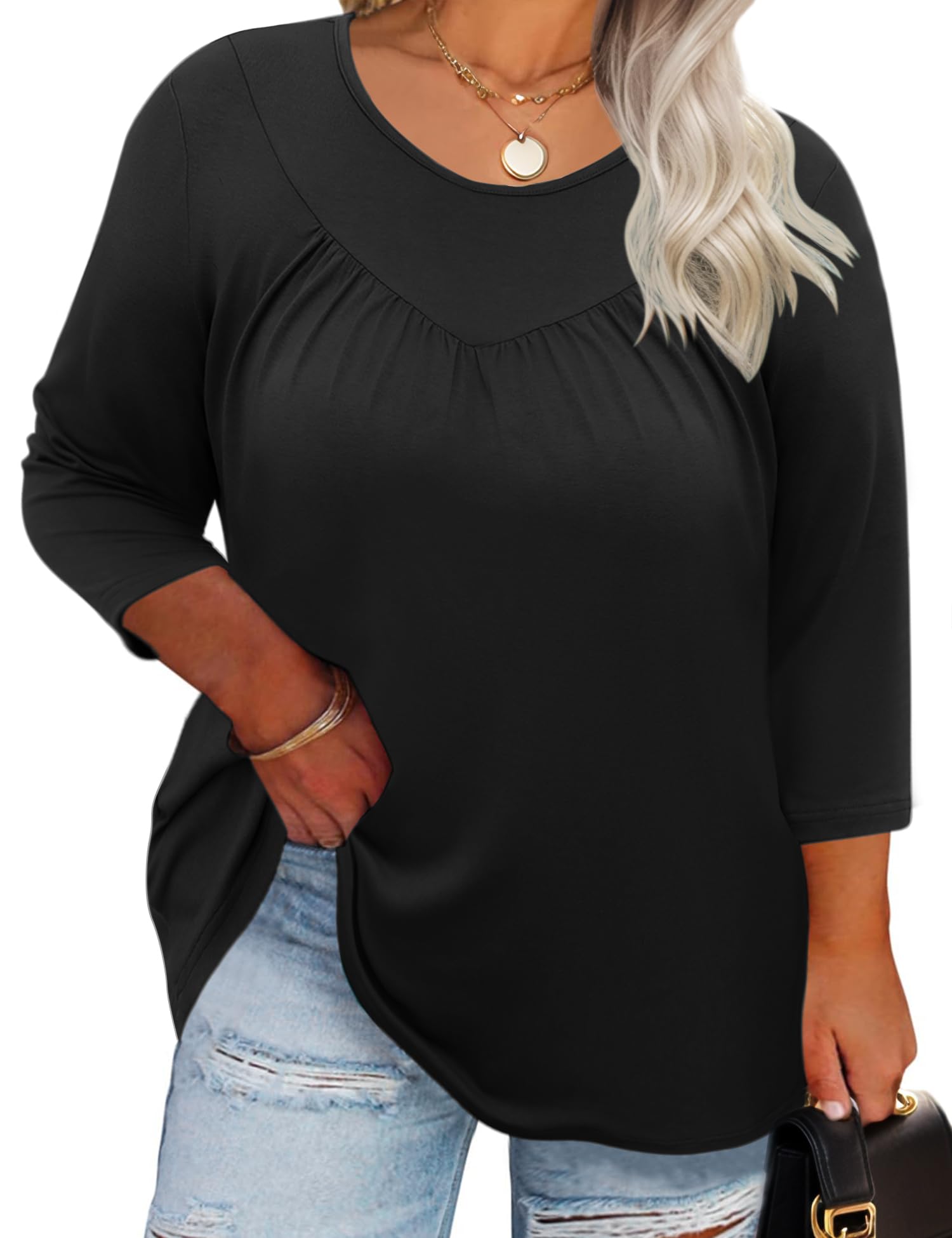 TFSDOD Womens Plus Size Tops 3/4 Length Sleeve Blouses Crew Neck Shirts Casual Loose Tunic Tops 1X-5X
