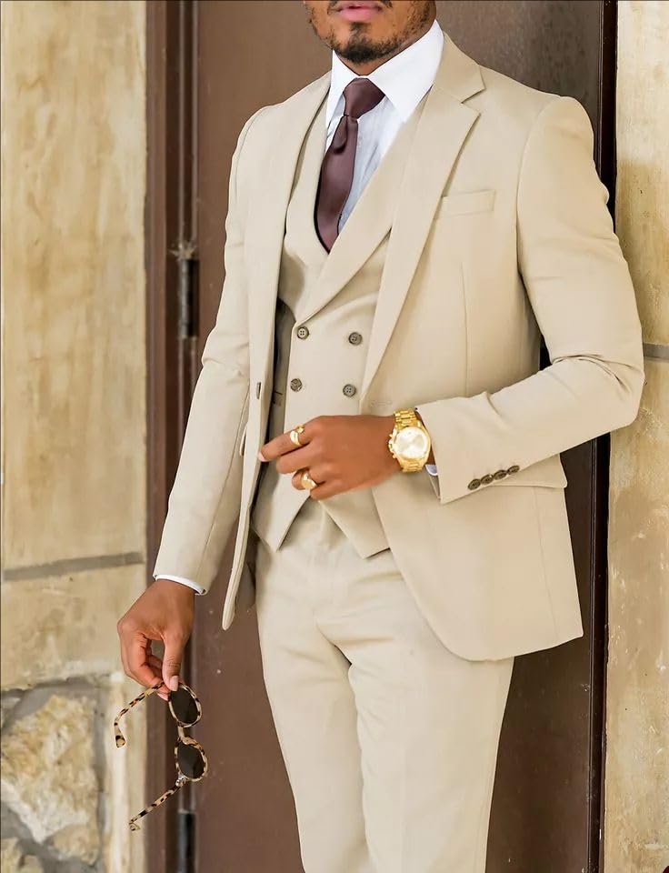 Men Beige Ivory Wedding Notch Lapel Tuxedo Groomsmen Slim Fit Blazer Vest Pant 3-Pieces Suit3