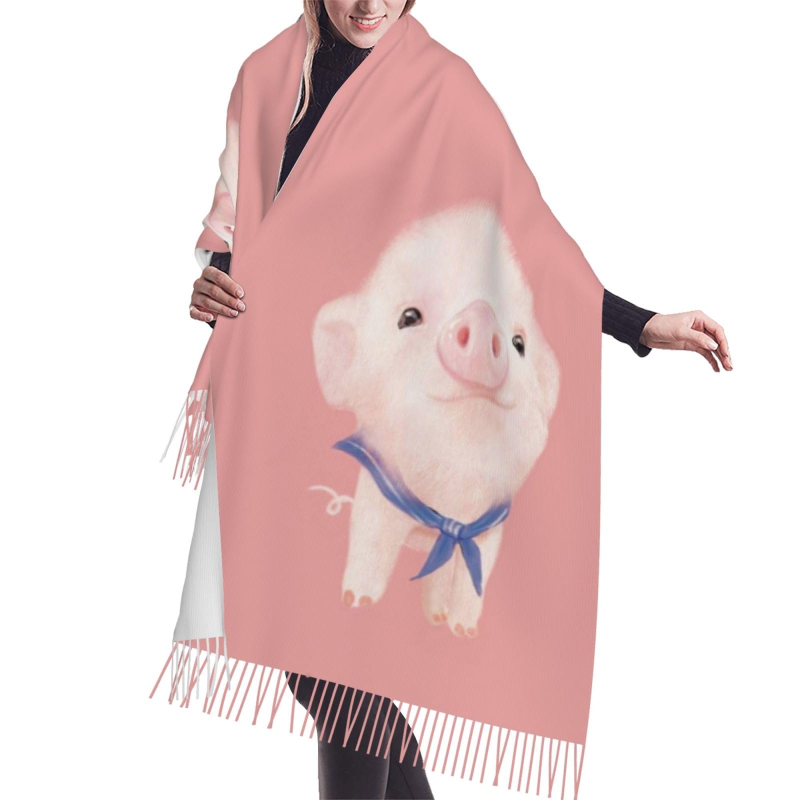 FAIRAH Pink Pig Printed Autumn And Winter Cashmere Tassel Scarf, Suitable For Daily Warmth