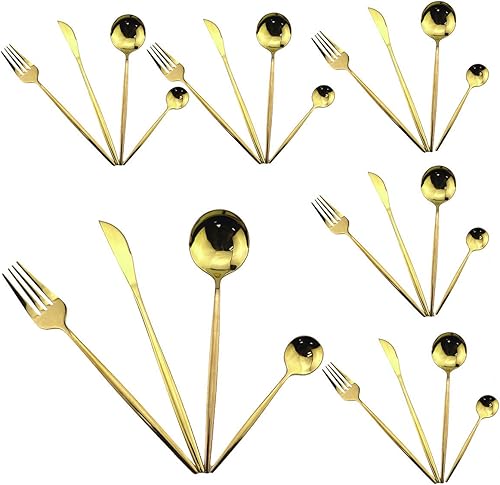 Juego de cubiertos pulidos con espejo, 24 piezas de acero inoxidable 304 dorado, incluye tenedor, cucharas, cuchillo, vajilla reutilizable, juego de
