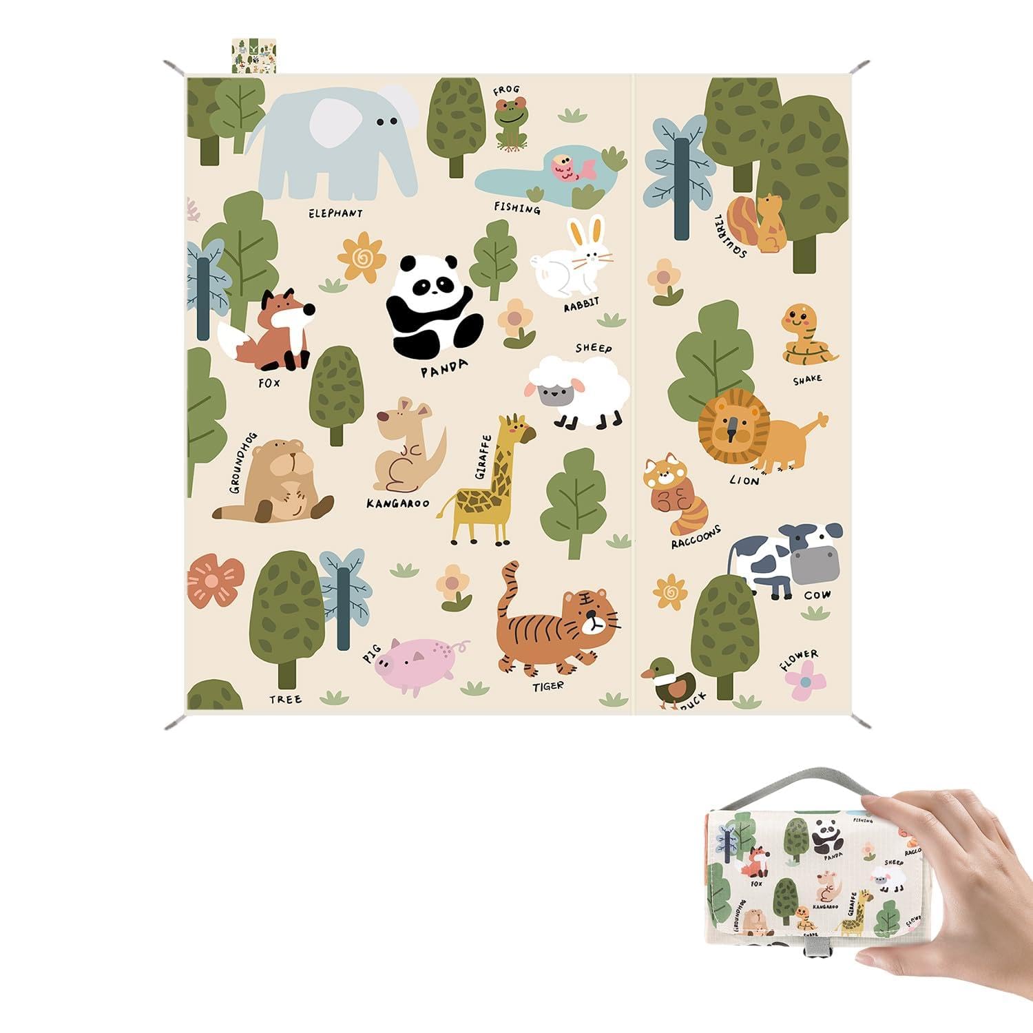 Mini Pocket Beach Mat Picnic Blanket, Small Compact Picnic Blanket, Portable Ultralight Machine Washable, Beach Blanket for Travel, Beach, Park, Camping, Hiking, Animal Print, 87x83 Inches