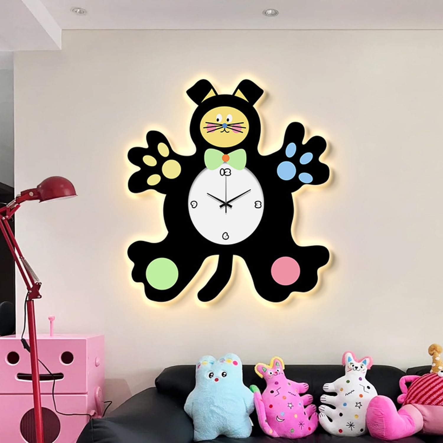 Lámpara de pared con gato, mando a distancia y reloj Aplique LED para habitación infantil Animal con cable USB Lámpara decorativa de noche-pared 3 temperaturas de color para habitación de bebé,A