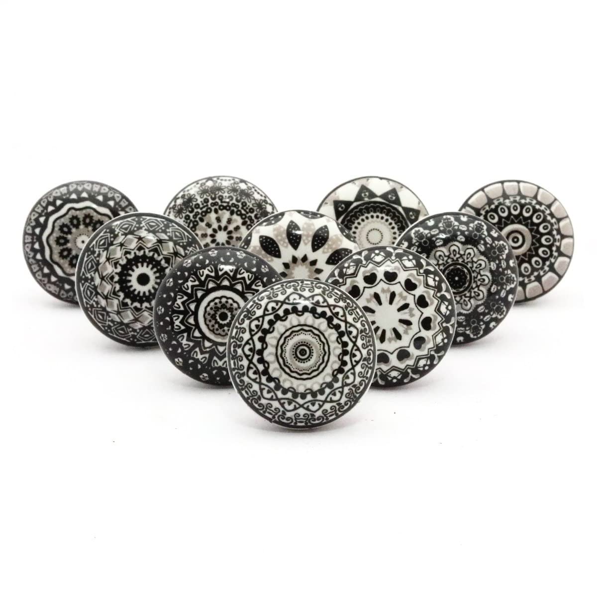 Pomos decorativos vintage de cerámica para armario de cocina, armario de cocina, manijas retro, herrajes esmaltados clásicos (mandala negra, paquete de 10)