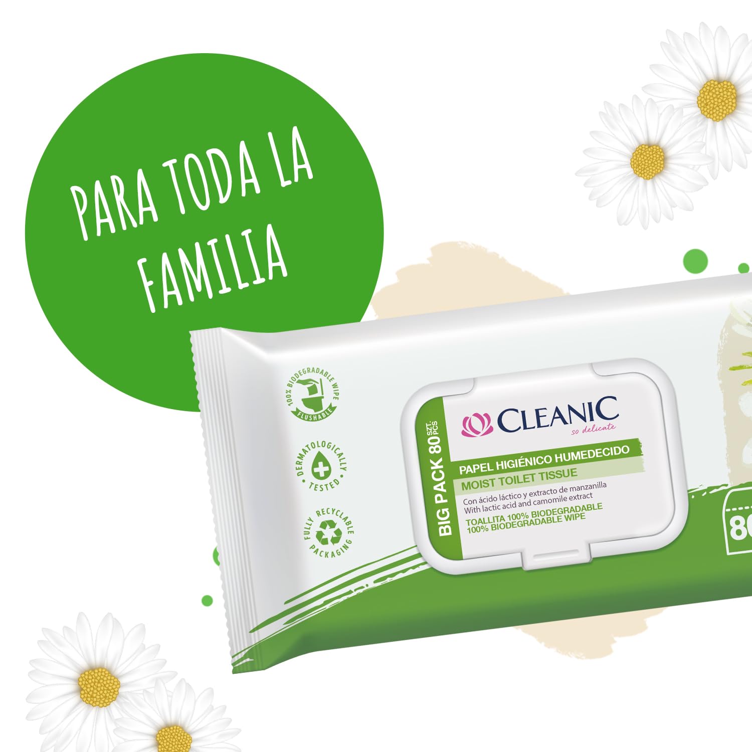 Cleanic Papel Higiénico Hidratado - (80 Piezas) Papel Higiénico - con Extracto de Manzanilla - Desechable - Toallitas Humedecidas para Limpieza Íntima - Apto para Pieles Sensibles - 80 Piezas
