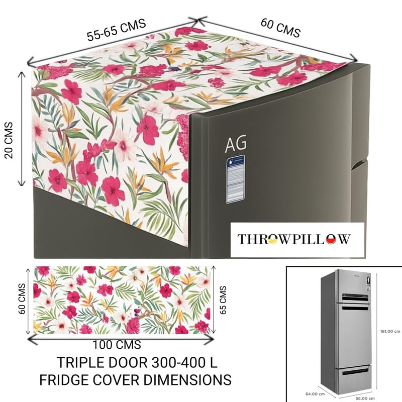 Image of Triple Door Fridge Top Cover 100-250L |450 GSM Durable Fridge Cover with Tassels| Fits Godrej, LG, Haier, Samsung Models | Dustproof Refrigerator Cover Mat in Floral Print | WWW.THROWPILLOW