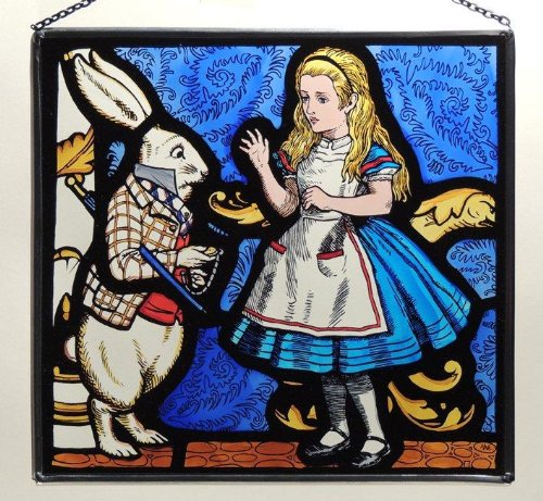 Decorative Hand Painted Stained Glass Rectangular Panel in an Alice and White Rabbit Design.