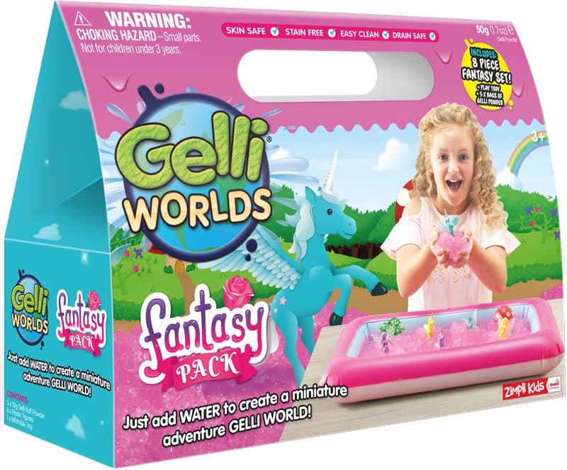Zimpli Kids Gelli Worlds Fantasy Pack from, 5 Use Pack, 8 x Fantasy Figures, Inflatable Tray, Children's Sensory and Imaginative Play Set