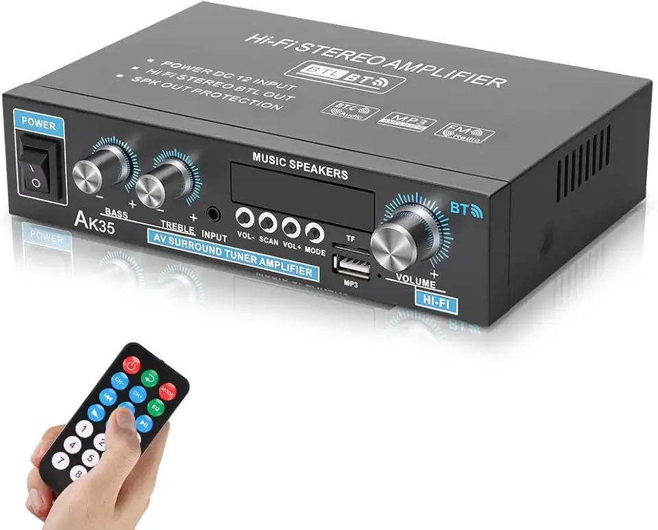 Amplificador de Som, 90W + 90W Mini Amplificador Digital, Amplificador de Alta Potência de 2 Canais, Suporte para Cartão TF, Interface AUX, Disco U e Reprodução de MP3, Suporte para Ligação Bluetooth