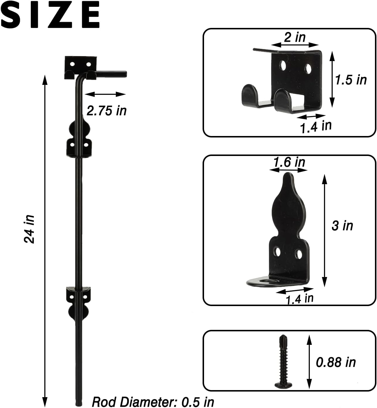 24" Cane Bolt Heavy Duty Gate Drop Rod, Hardware Ground Latch Gate Stopper Gate Hardware, Solid Steel Cane Bolts for Wood Fences PVC Vinyl Metal Gates Fences Doors (Black Finish 2 Pack) 24 Inch 2 Pack
