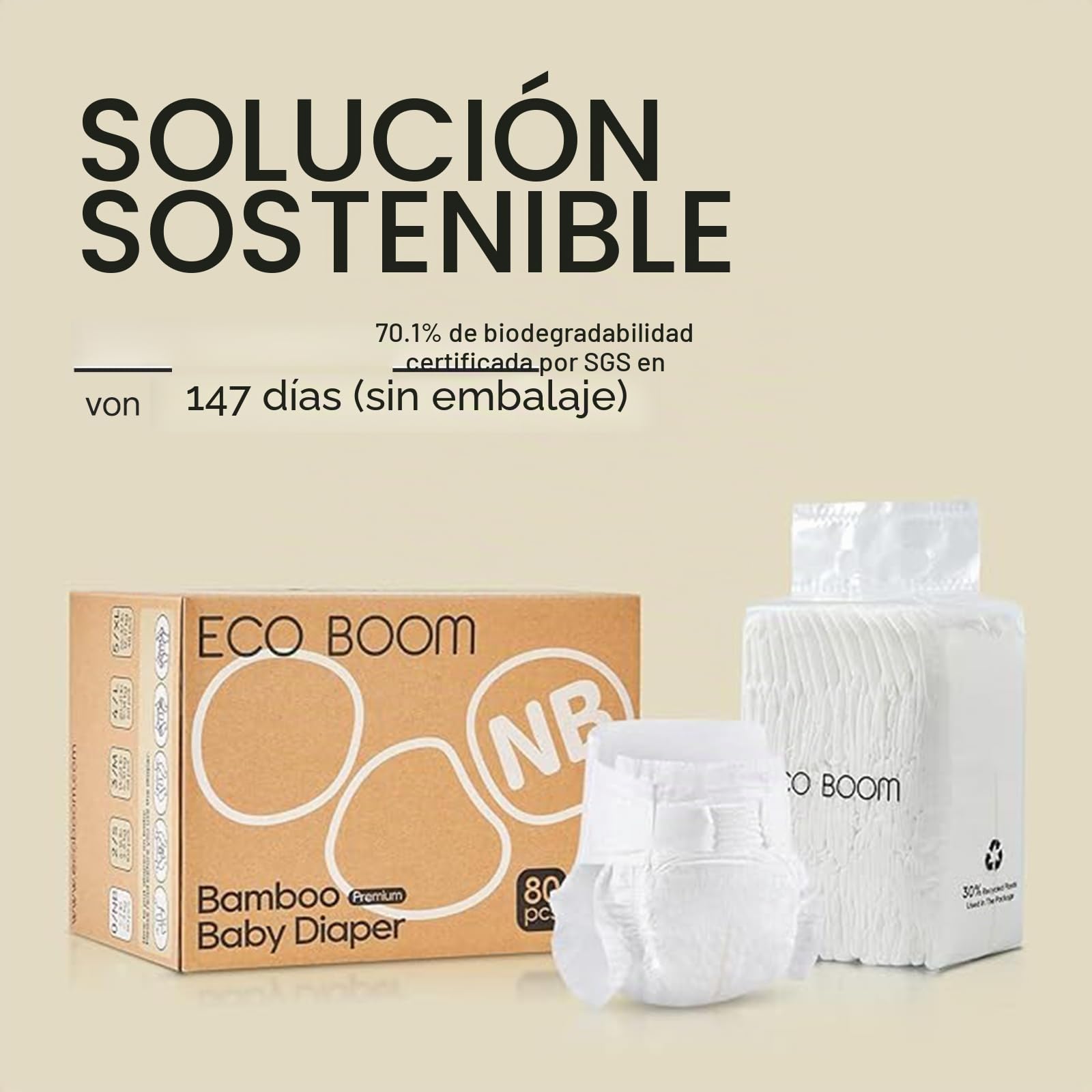 ECO BOOM Pañales ecológicos premium para bebé, talla 4, de bambú (9-14 kg), para pieles sensibles de los bebés, paquete de medio mes, 60 unidades