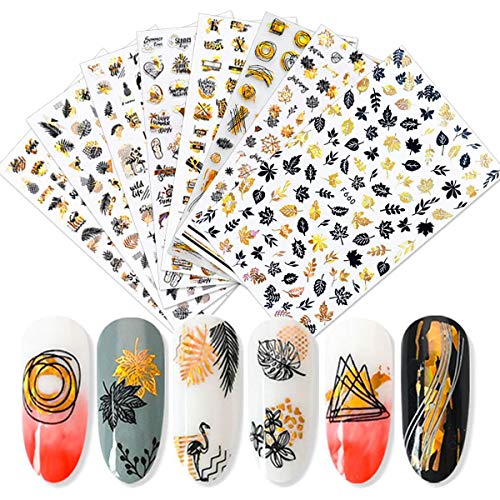 BFY Fall Nail Art Stickers Decals, 8 Large Sheets 5D Embossed Bronzing Fall Maple Leaf Black and White Nail Sticker Set Nail Art Supplies for Women, Self-Adhesive Nail Foil DIY Nail Art Decorations