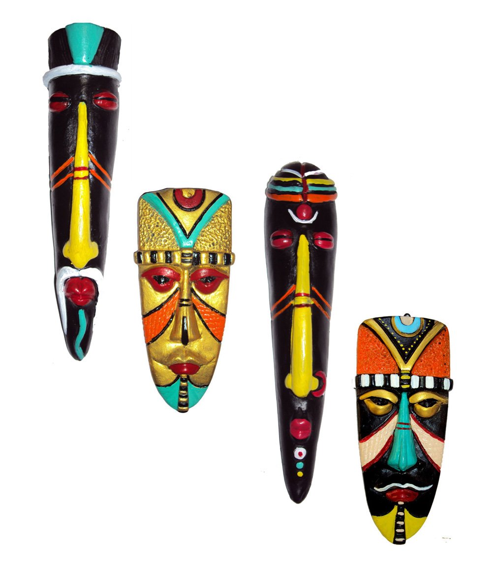 Hand Art Handcrafted Home Decorative Abstract Terracotta Tribal Egyptian Mask Wall Hanging (Multicolour, 25.5 cm) -Combo of 4 Pieces