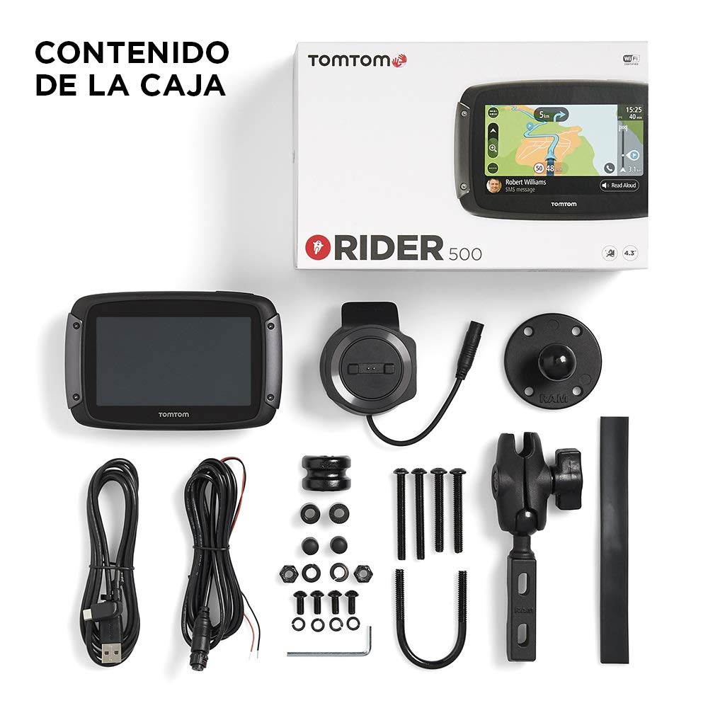 TomTom GPS para motocicletas Rider 500 (4,3 pulgadas con carreteras montañosas, actualizaciones mediante Wi-Fi, info tráfico en tiempo real, Radares de tráfico, 49 mapas)