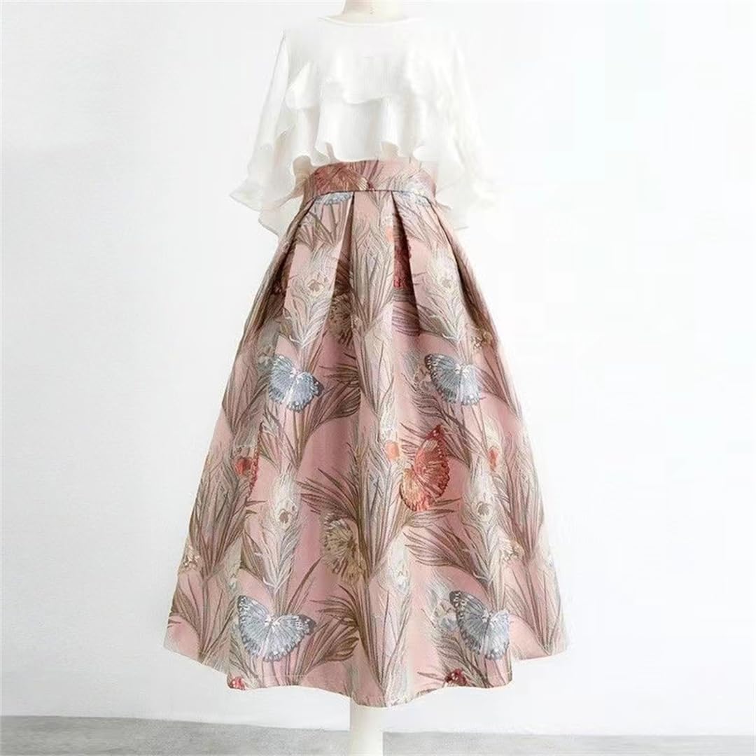 Damen bestickte Blumenröcke mit Reißverschluss, hohe Taille, Jacquard-Taschen, Ballkleid-Rock, Frühling