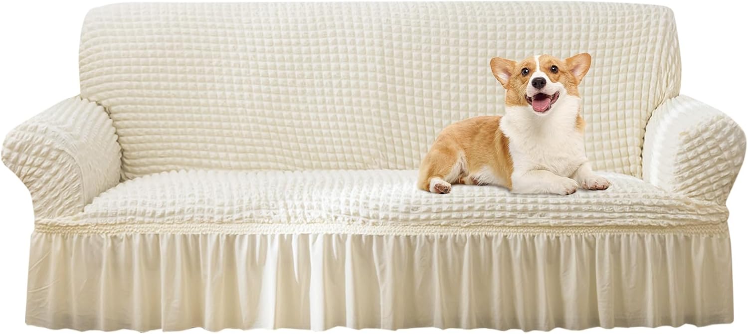 JIAN YA NA 1 Piece Sofa Cover with Skirt Newest Design Universal Couch Cover Slipcover with Elastic Straps Waterproof Sofa Hero Covers Great for Dogs Cats Pets (Beige,3 Seat)