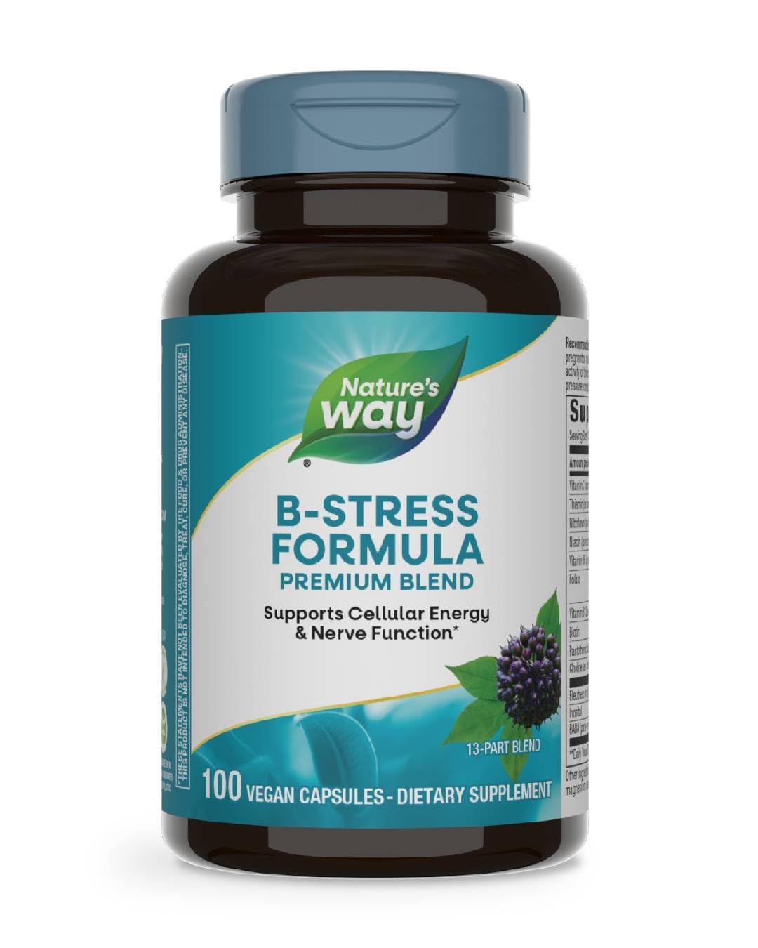 Nature's Way B-Stress Formula, Supports Cellular Energy & Nerve Function*, With Vitamins C, B12, Vitamin B6 & More, Gluten Free, 100 Vegan Capsules (Packaging May Vary)