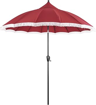 9 Patio Umbrella with Burgundy Canopy and White Fringe Accents, Black Frame Market Umbrella for Patio, Deck, and Backyard by Sun-Ray