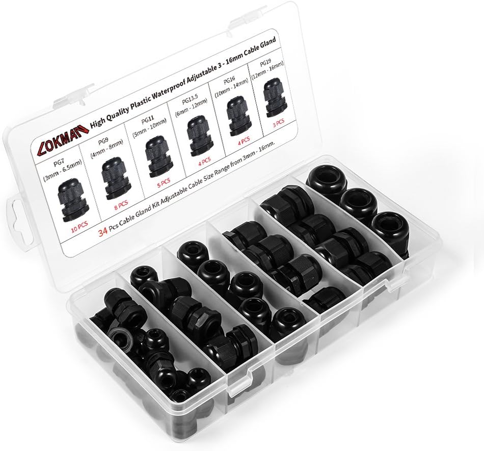 LOKMAN Cable Gland 34 Pack Plastic Waterproof Adjustable 3-16mm Cable Connectors Cable Gland Joints with Gaskets, PG7, PG9, PG11, PG13.5, PG16,PG19 with Durable PP Storage Case (Cable Gland kit)