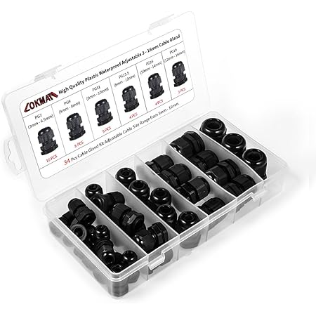 Cable Gland -LOKMAN 34 Pack Plastic Waterproof Adjustable 3-16mm Cable Connectors Cable Gland Joints With Gaskets, PG7, PG9, PG11, PG13.5, PG16,PG19 With Durable PP Storage Case (Cable gland kit)