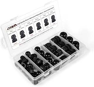 Cable Gland 34 Pack Plastic Waterproof Adjustable 3-16mm Cable Connectors Cable Gland Joints with Gaskets, PG7, PG9, PG11, PG13.5, PG16,PG19 with Durable PP Storage Case (Cable Gland kit)