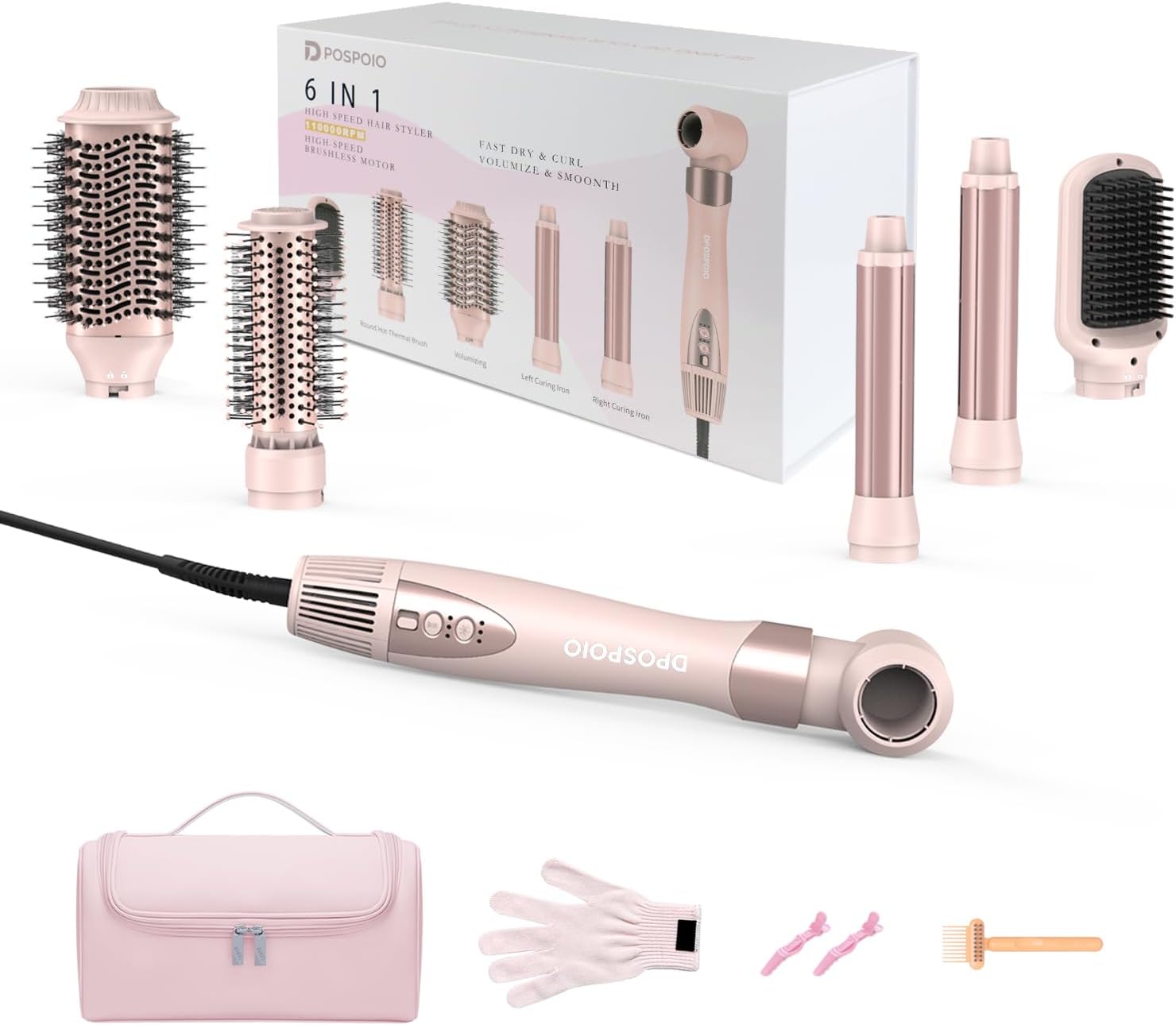 6 in 1 Hot Air Wrap Hair Styler - 110,000 RPM High-Speed Hair Dryer Brush with Auto Curlers, Fast Drying & Frizz-Free Styling, No Heat Damage, Volumizing and Hot Thermal Brush with Travel Bag for Curling Volumizing Straightening Styling