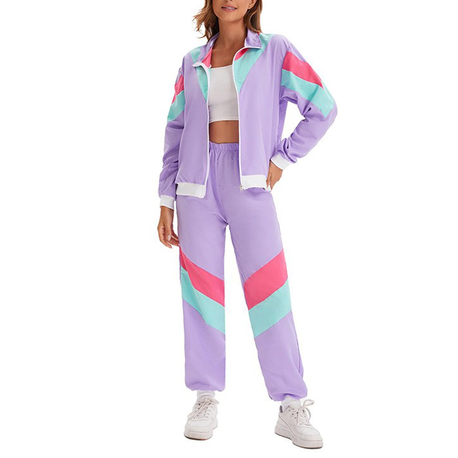 Disfraz de los años 80 para hombre y mujer, disfraz de los años 90, ropa para mujer, bloque de color, 2 piezas, manga larga, cortavientos, chaqueta, trajes, chándal, chándal para mujer para carnaval y