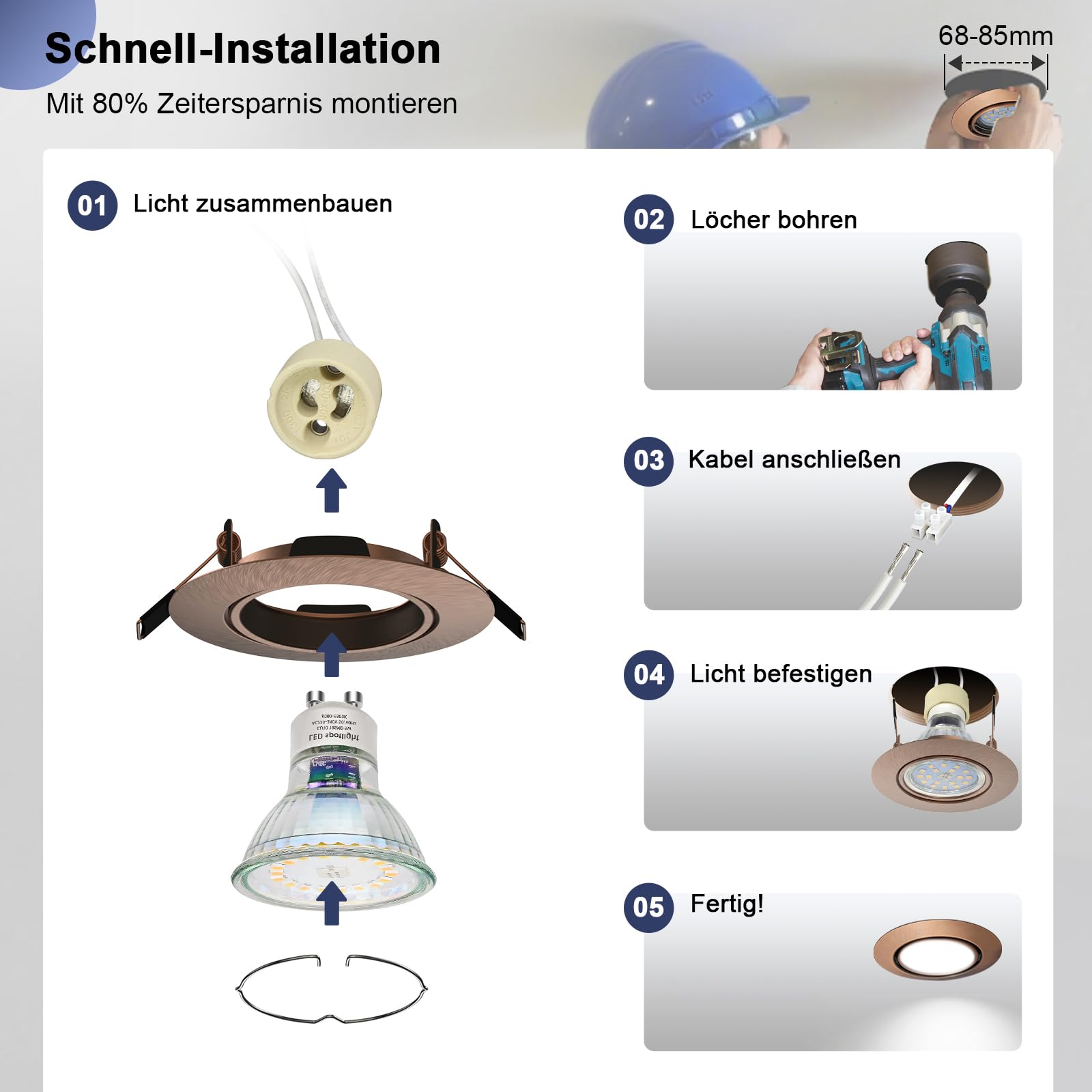 12x Einbaustrahler LED GU10 Rahmen 68mm LED Spots 230V Rund Schwenkbar Antik-Kupfer Einbauleuchten inkl. GU10 Fassung