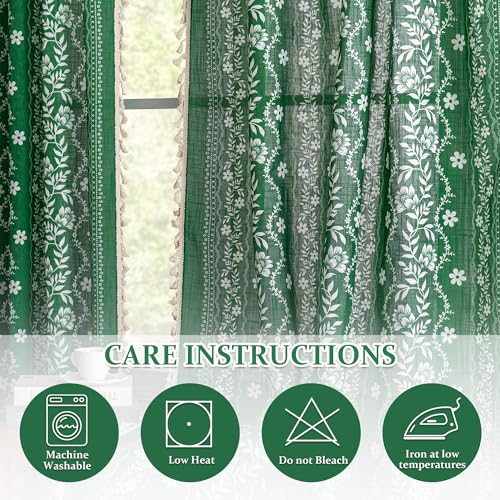 Image of MYSKY HOME Green Boho Linen Blend Curtains 84 inch Length 2 Panels Set for Living Room Dining Room Farmhouse Semi Sheer Floral Printed Vintage Bohemian Drapes with White Tassel Back Tab, 50 inch Wide