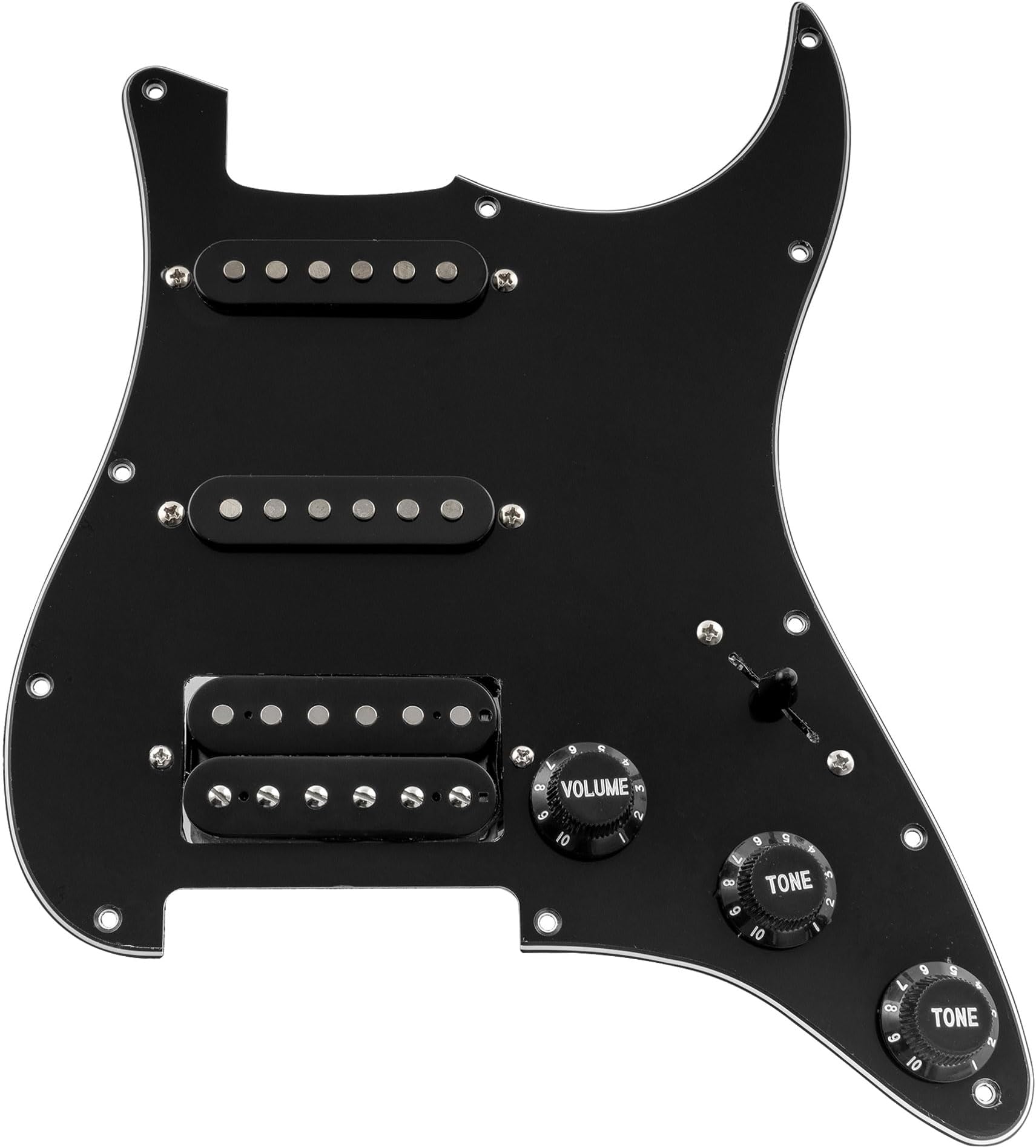 Musiclily Basic 11 Hole HSS Loaded Guitar Strat Pickguard Prewired Pickguard with Alnico 5 Pickup Humbucker for Fender American/Mexican Stratocaster Standard Modern Style Electric Guitar, 3Ply Black