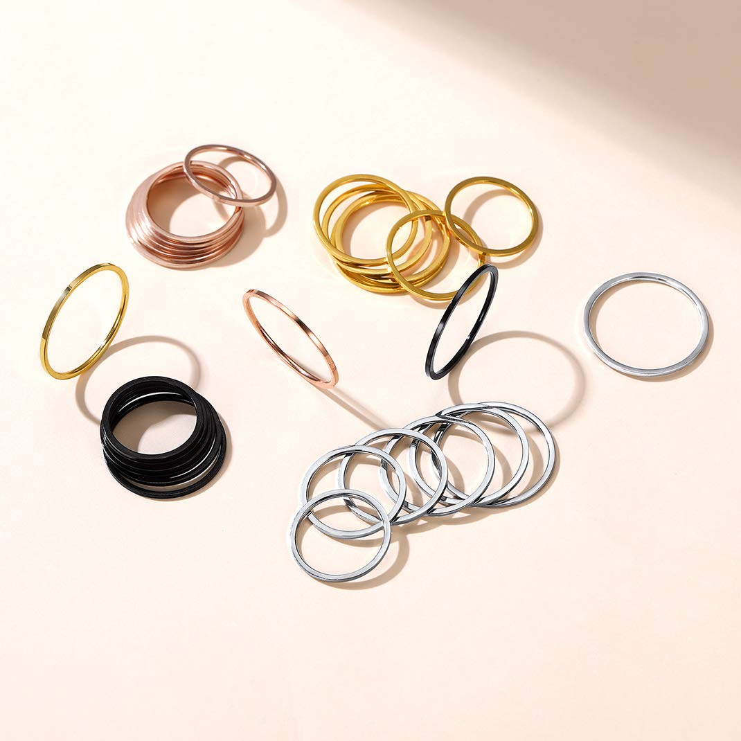 GoldChic JEWELRY Anelli Donna 3-28 Pezzi 1mm Anello Midi Da Donna Impilabile, Set Anelli Donna Sottile in Acciaio Inossidabile, Misura 4-10, Anello Argento/Rosa/Oro/Nero