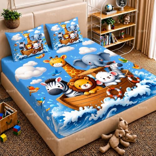 Image of RUMPS 7D Digital Printed Flat Bedsheet for Double Bed, King Size 90 x 100 Inches with 2 Pillow Covers, Soft & Premium Microfiber Fabric, Kids Animal Cartoon Design, Blue