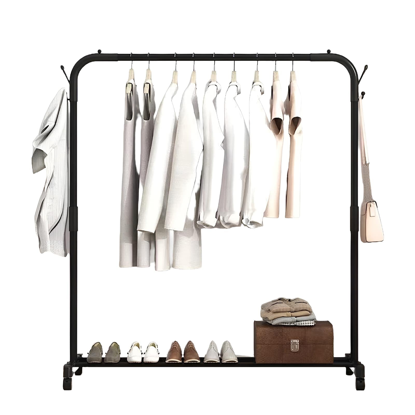 Weeloo Black Clothes Rail With Wheels, Portable Metal Clothes Rail With Shoe Rack And Hook, Movable Clothes Rack For Closet, Laundry Room And Store