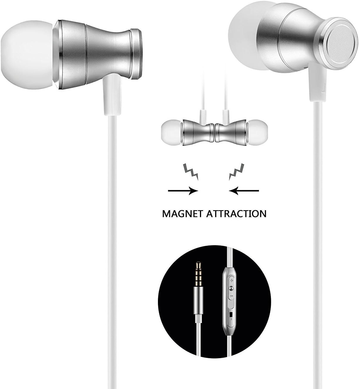 In-Ear Earbuds Earphones Headphones, Vaken 3.5mm Metal Housing Magnetic Best Wired Bass Stereo Headset Built-in Mic for Samsung Galaxy S8/S8 Plus/Android Phones/ iPhone (Silver)