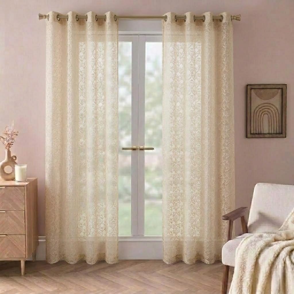 Floral Embroidered Cotton Net Curtain 7x4 Feet | Semi-Transparent Sheer Curtain | Lightweight & Washable Window & Door Curtain for Living Room & Bedroom | Pack of 2 (Cream)-image-10