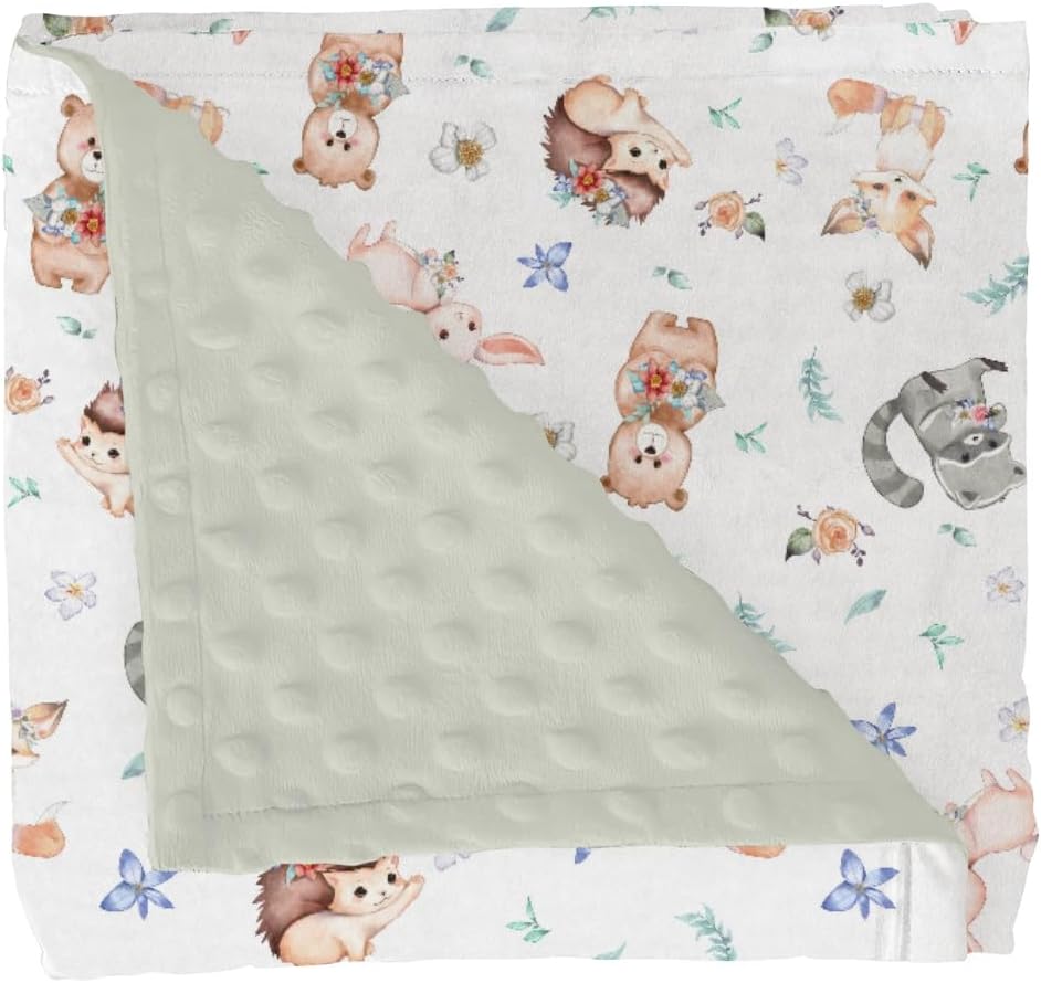 Cute Animals Spring Baby Blankets for Girl Boy Bear Bunny Hedgehog Raccoon Fox Floral Soft Mink Dotted Backing Double Layer Swaddle Blanket for Toddler Nursery Forest Animal Bed Blanket 30x40