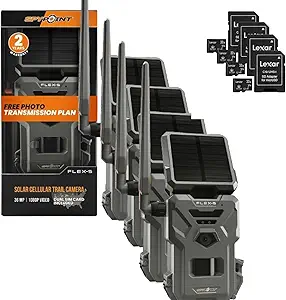 SPYPOINT Flex-S Solar Cellular Trail Camera (4 PK) Integrated Solar Panel, LTE Connectivity, 100-foot Flash/Detection Range + Four 32GB Micro SD Cards asin的图片