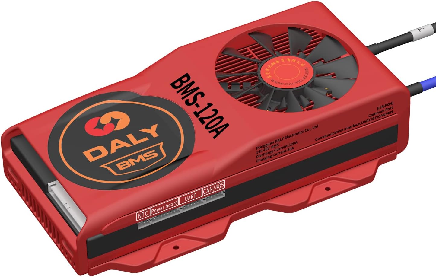 DALY Smart BMS LiFePo4 15S 48V 120A PCB Battery Management System with UART Communication CAN 485 Bluetooth Battery Monitoring Module and Cooling Fan for 18650 Battery Pack