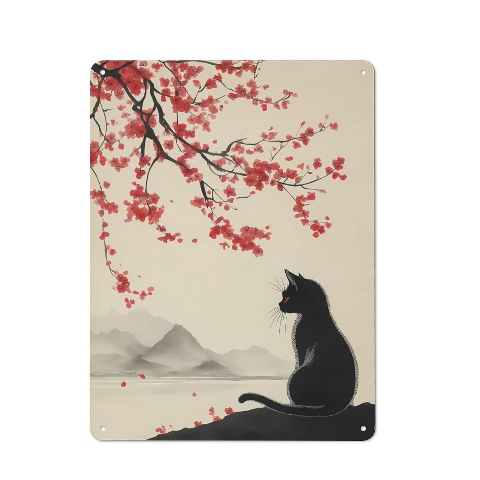 Junmoney Black Cat And The Cherry Blossom Tree Classic Decorative Tin Plaque 40X30cm Featuring Novelty Wall Art For Home, Shop, Pub Or Studio Wall