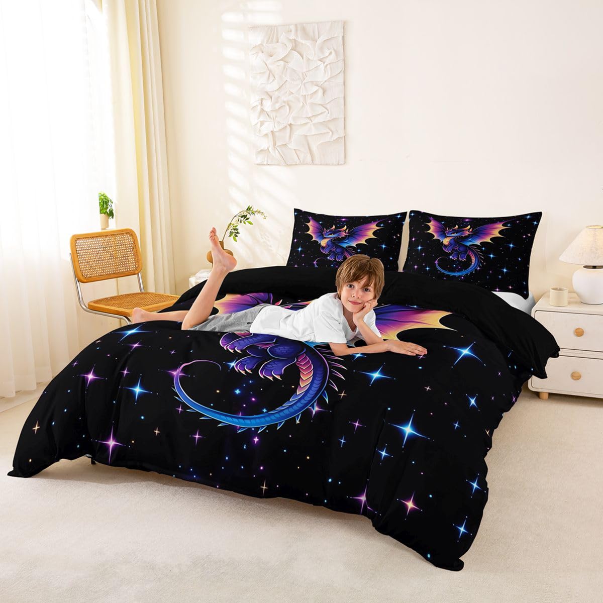 Homewish Set di biancheria da letto con copripiumino per letto super king size, motivo drago 3D, per bambini e ragazzi, galassia misteriosa e cielo stellato