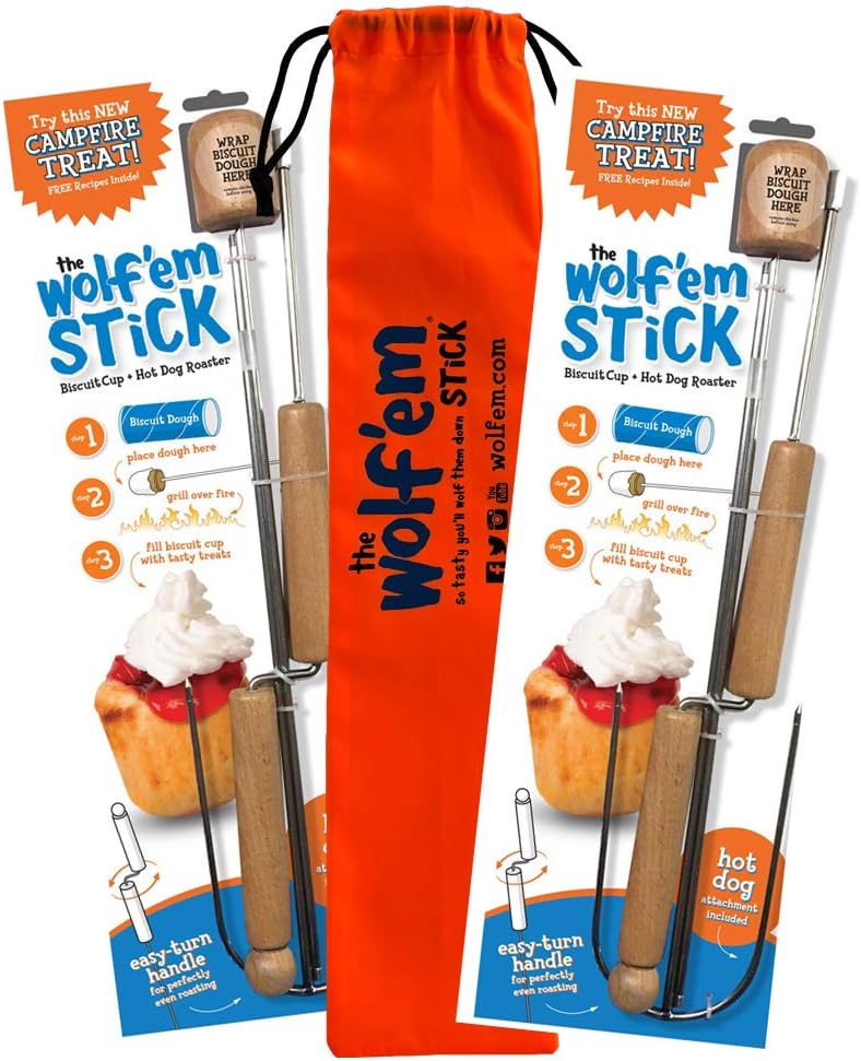 Wolf’em Marshmallow Roasting Stick (set of 2) - Multiple Attachments - Campfire Pie, S’more, and Hot Dog BBQ Roaster | Easy Spin Handles | With Bag