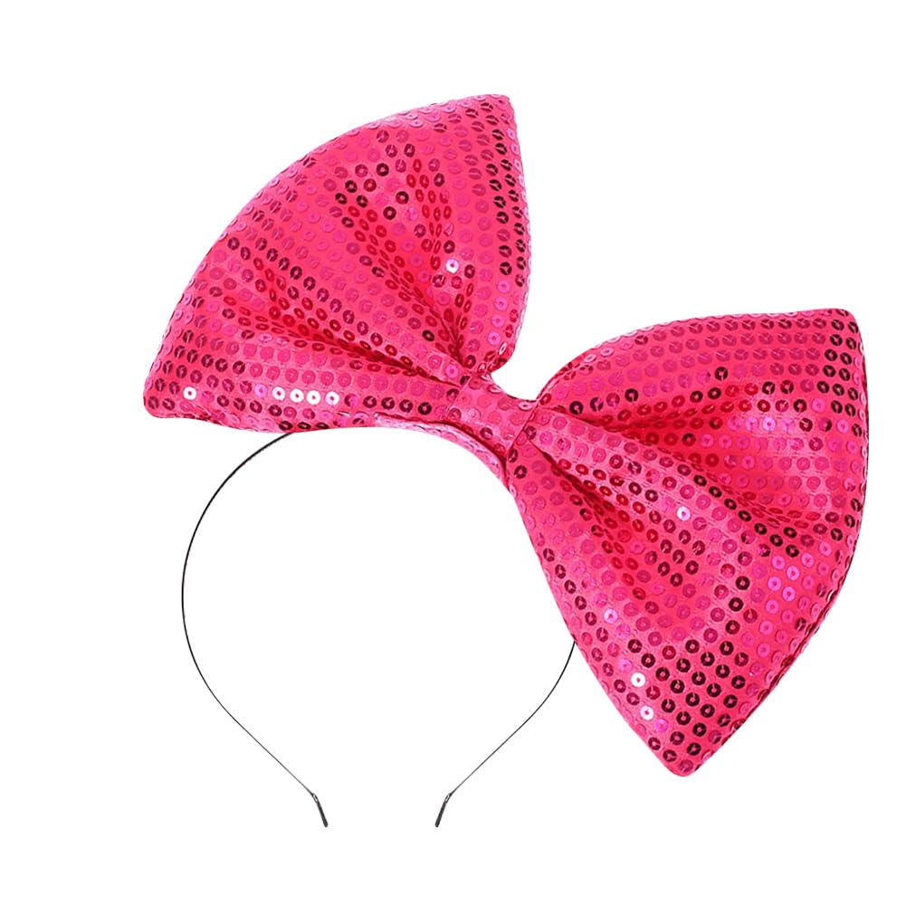 HugeDE Sequin Bow Headband Glitter Bowknot Hairband Big Sparkle Hair Band Bling Shiny Headband Large Bow Hair Hoop Sparkly Hair Accessories Metallic Headpieces Hot Pink