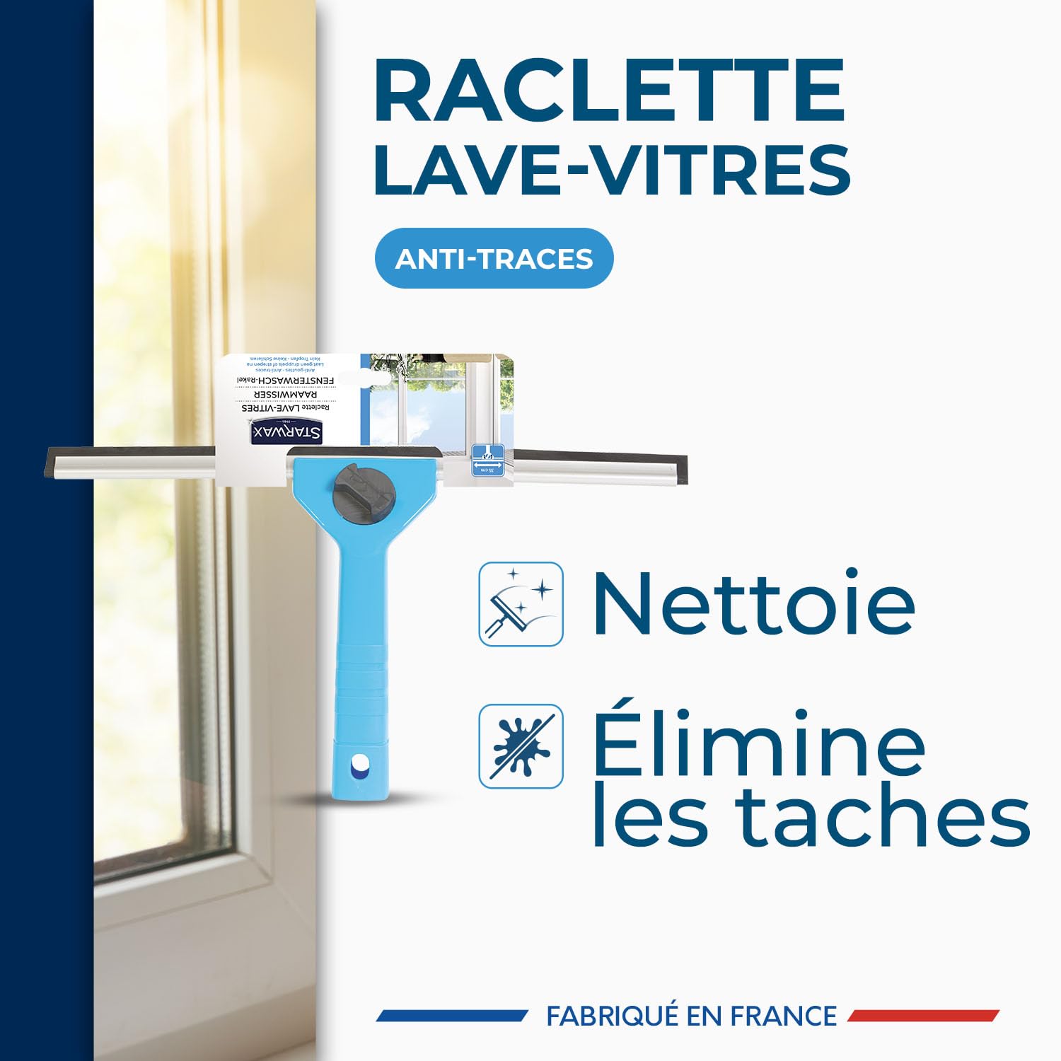 STARWAX - Raclette Lave-vitres - Languette en Caoutchouc Naturel - Molette de réglage - Repose Pouce - Conception française - Taille Unique 25cm